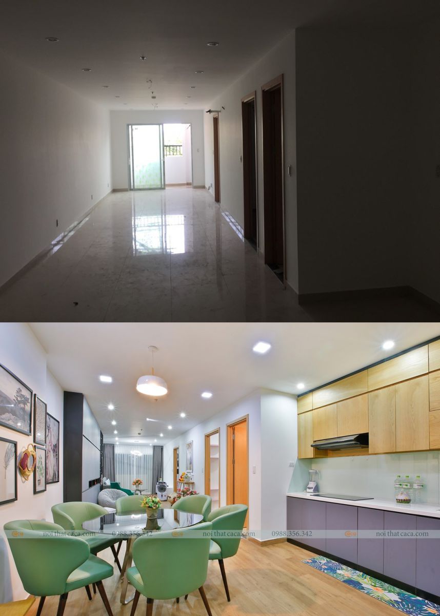 Thiết kế nội thất trong phòng khách liền bếp cho chung cư